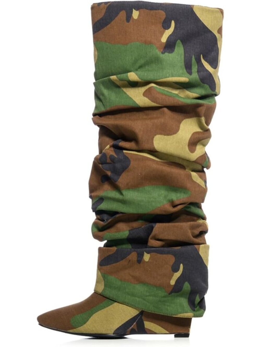 Womens Camouflage Covered Wedge Heel Patent Wide Calf Pointed Toe Knee High Boot